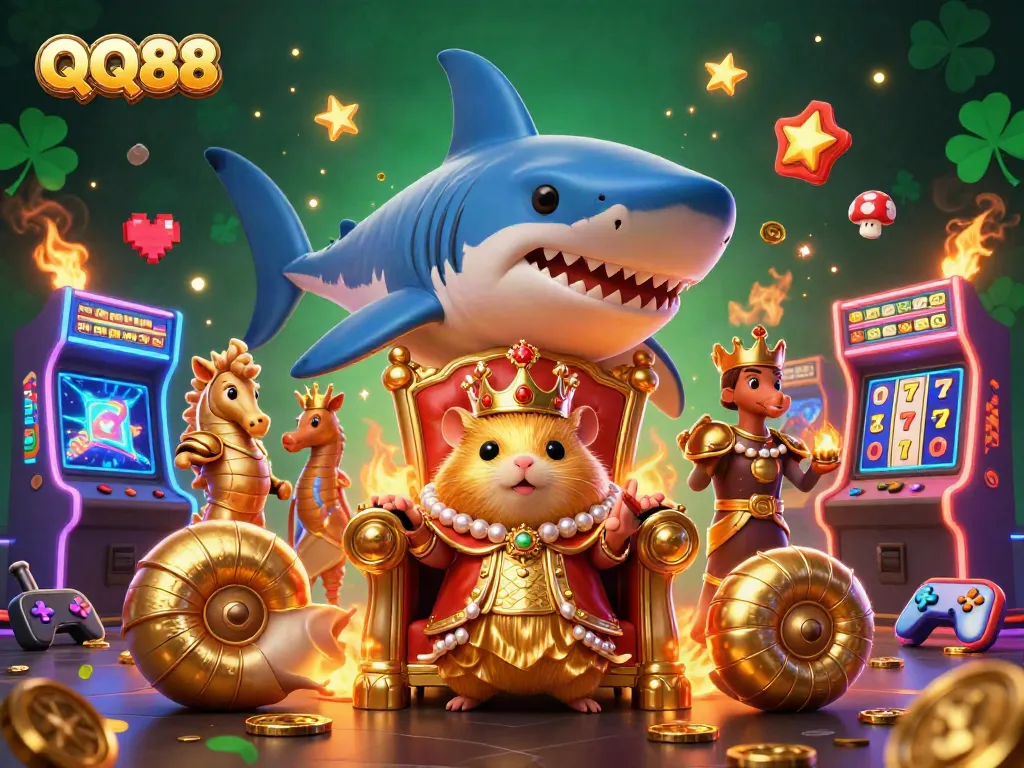 Engage with QQ88's thrilling slots, featuring a golden hamster king ruled by vibrant game elements.