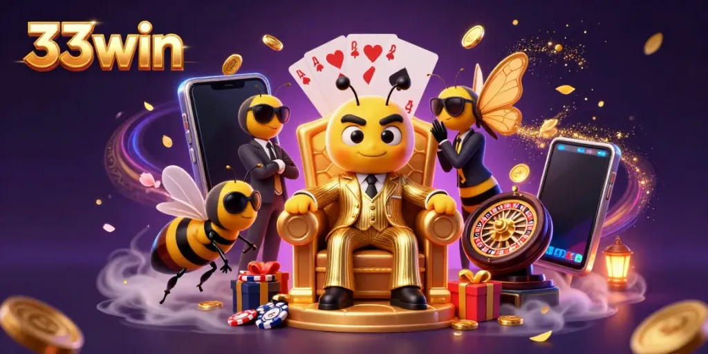 Engage with 33win, a vibrant 3D cartoon casino scene featuring a bumblebee mob boss amidst gaming elements.