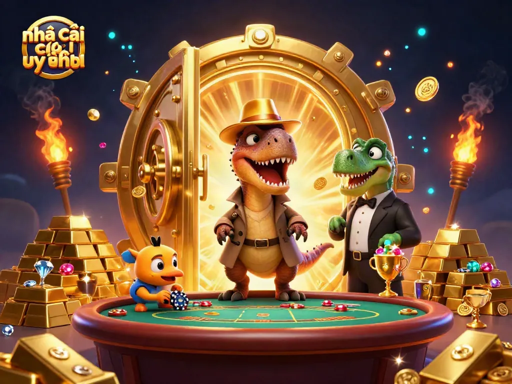 Explore Nhà cái uy tín with a clever velociraptor card counter at a dynamic casino scene.