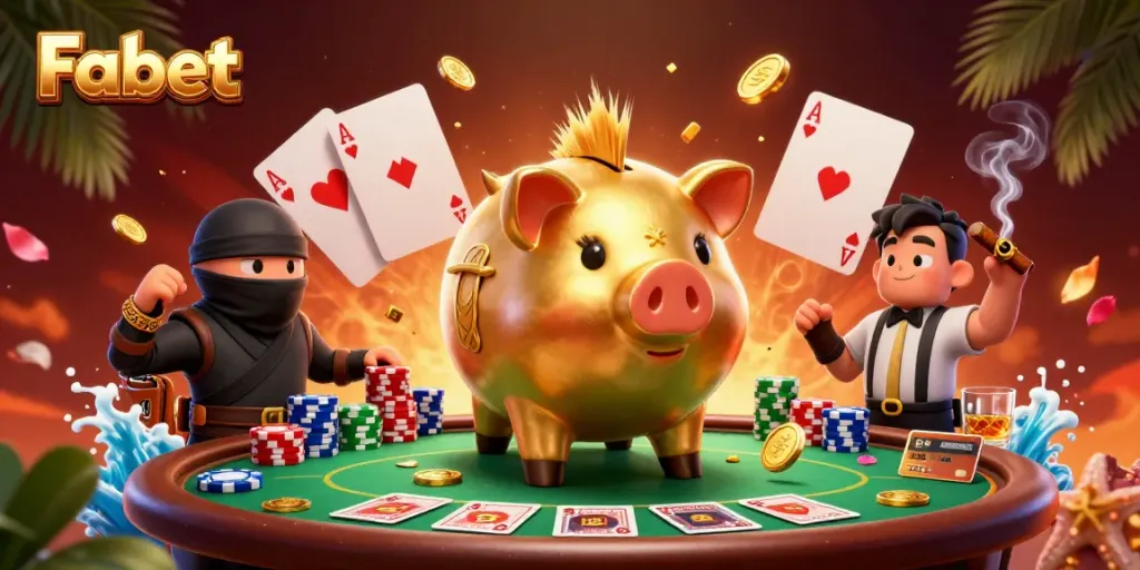 Engage with Fabet's thrilling gaming scene featuring a coin-stomping sumo wrestler, a ninja, and a referee.