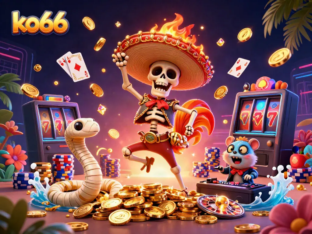 Experience the excitement of ko66 with a vibrant 3D illustration showcasing casino characters and dynamic gaming elements.