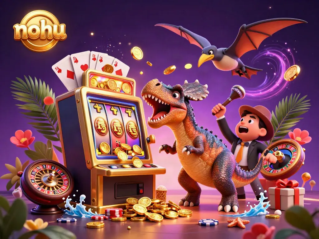 Nohu's pachycephalosaurus character triggers a jackpot in a vibrant casino scene.