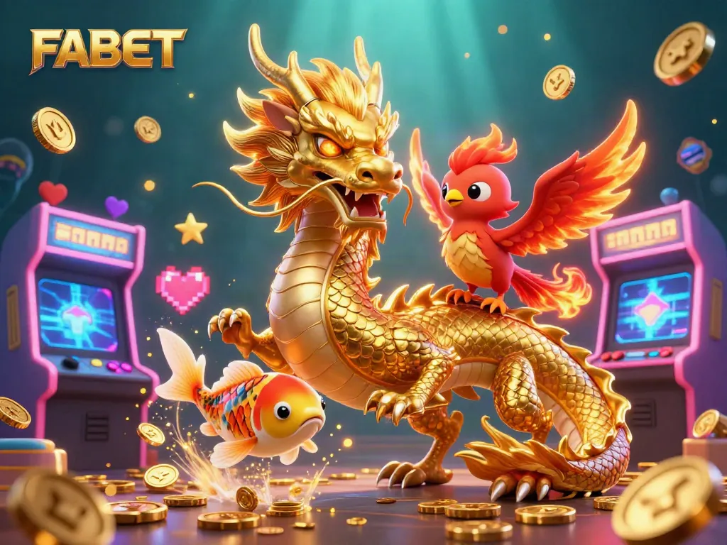 Join FABET's gaming adventure with a golden dragon and phoenix in a vibrant casino atmosphere