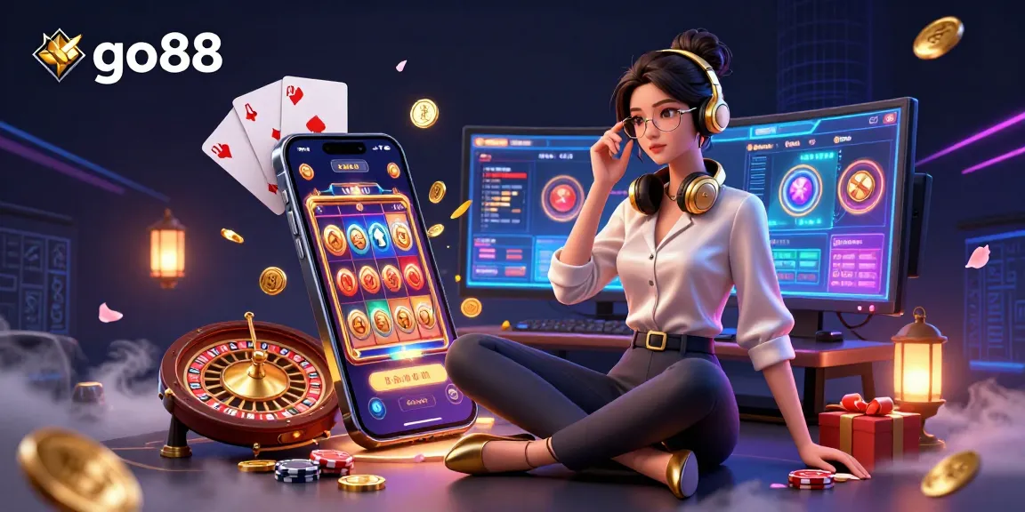 Engage with the exciting go88 gaming world featuring a professional gamer at a high-tech setup amidst casino elements.