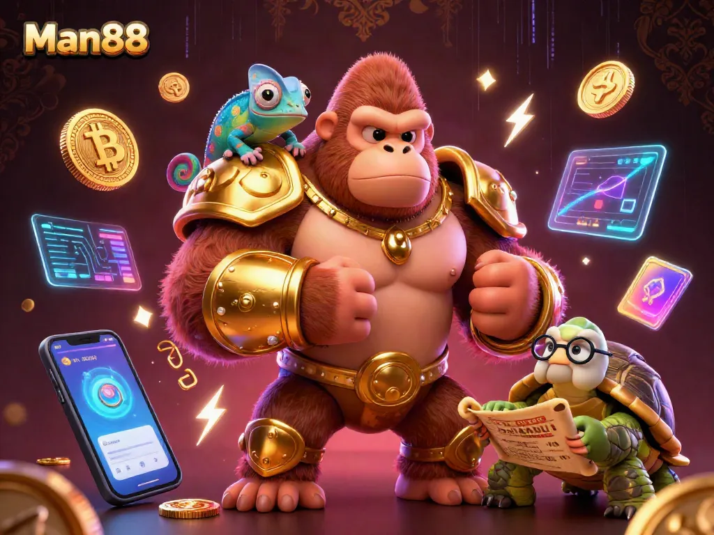 Man88 showcases exciting gaming adventures with vibrant characters and glowing crypto elements.