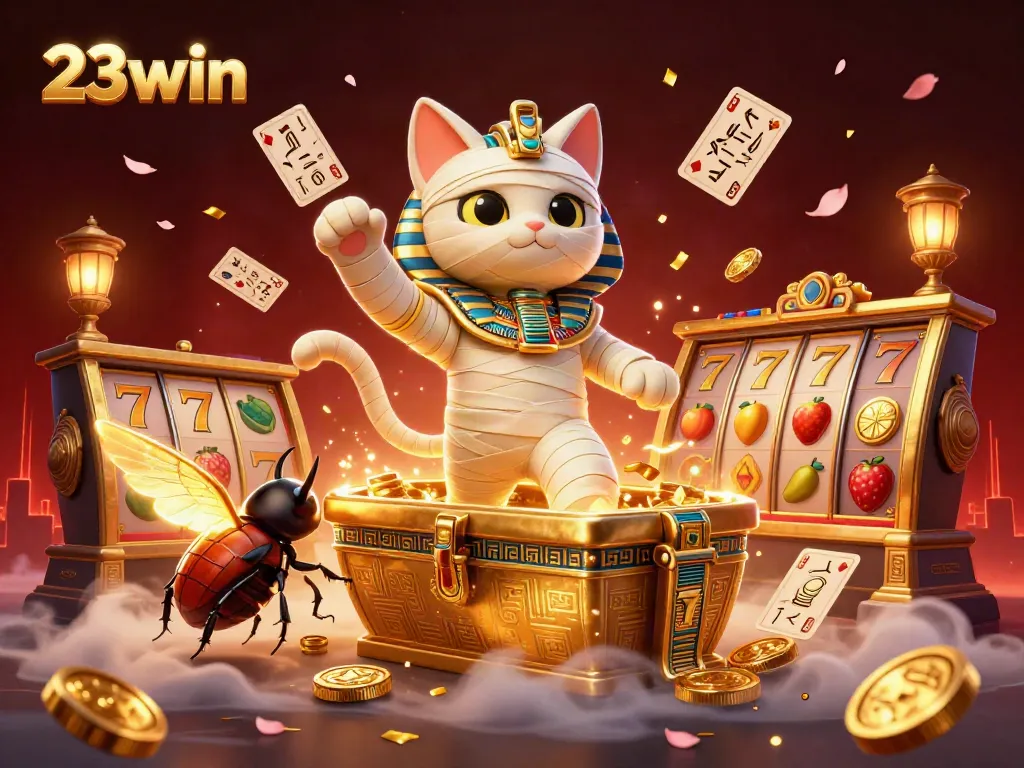 Win big with 23win in an exciting, dynamic online casino scene featuring a playful Egyptian mummy cat.