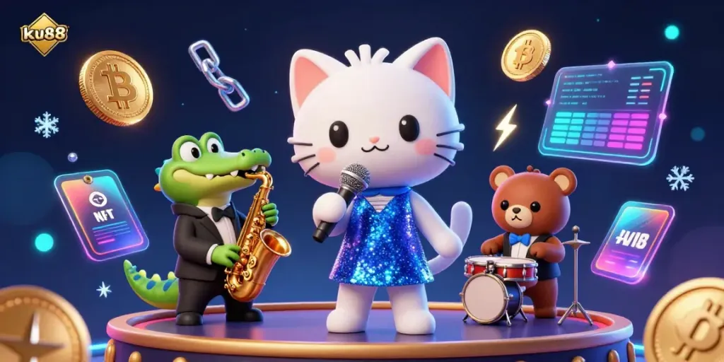 Bet with ku88 featuring unique characters in a vibrant casino setting surrounded by crypto elements.