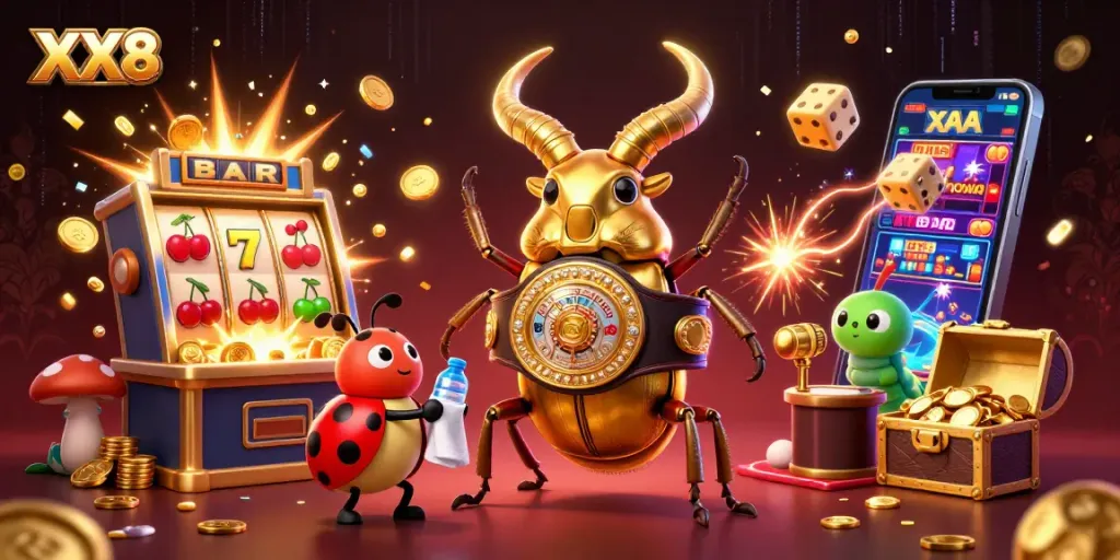 Engage with the thrilling XX8 jackpot scene featuring a giant golden beetle and vibrant gaming elements.
