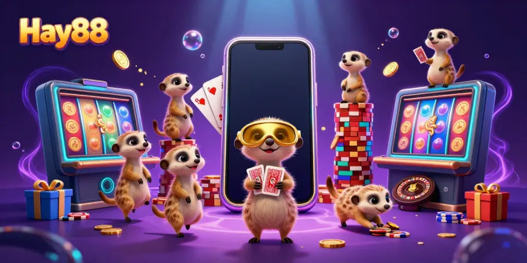 Meerkats managing a vibrant casino scene showcasing Hay88's energetic gameplay elements and interactive atmosphere.