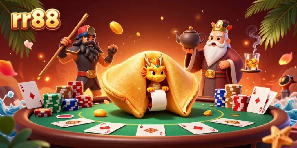Join the excitement at rr88 with a golden fortune cookie and poker chips in vibrant 3D.
