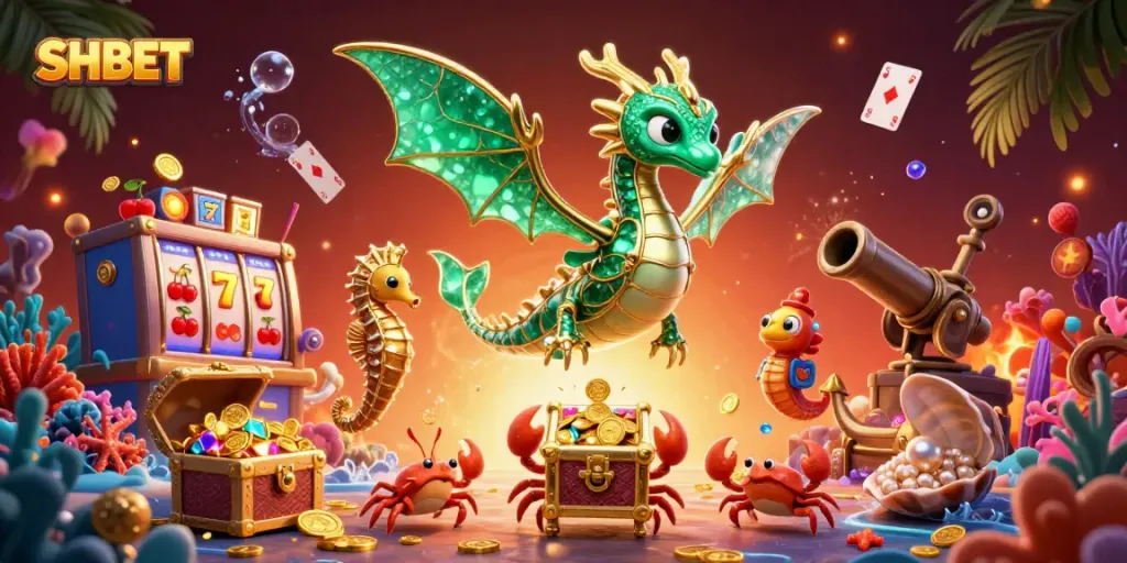 Engage with SHBET's exciting slot games featuring vibrant characters and treasures in a dynamic underwater scene.