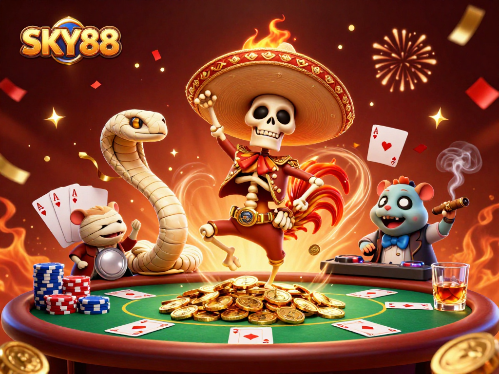 Celebrate your wins at SKY88 with a vibrant gaming scene showcasing poker and festive characters.