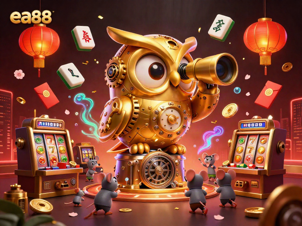 Experience thrilling casino adventures with ea88 as a whimsical cartoon owl oversees a vibrant gaming floor.