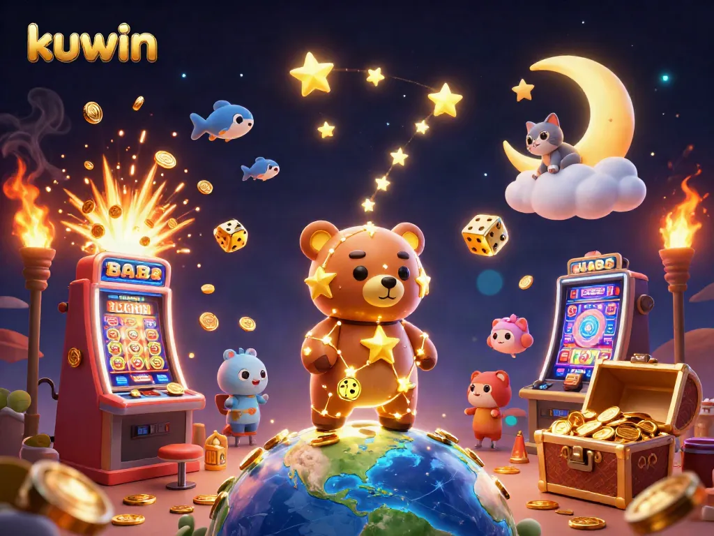 kuwin players enjoy a vibrant casino scene filled with coins, slot machines, and gaming excitement