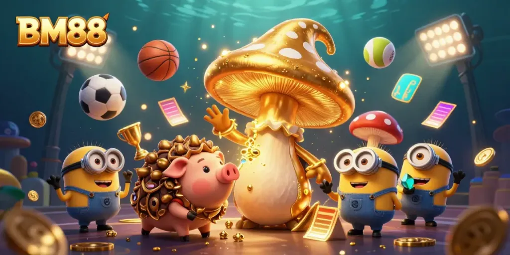 Experience the thrill of BM88 with an enchanting casino scene filled with magical elements and vibrant sports symbols.