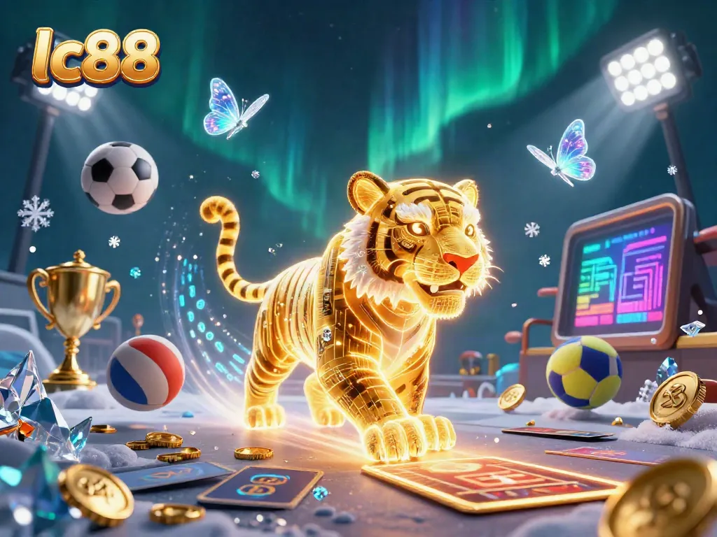 lc88 casino scene featuring a neon-wireframe golden tiger and sports elements amidst dynamic gaming action.