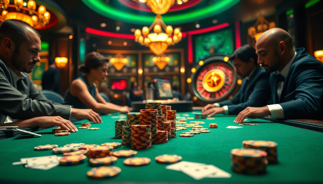 Exciting players engaging in game bài đổi thưởng at a vibrant poker table in a luxurious casino.