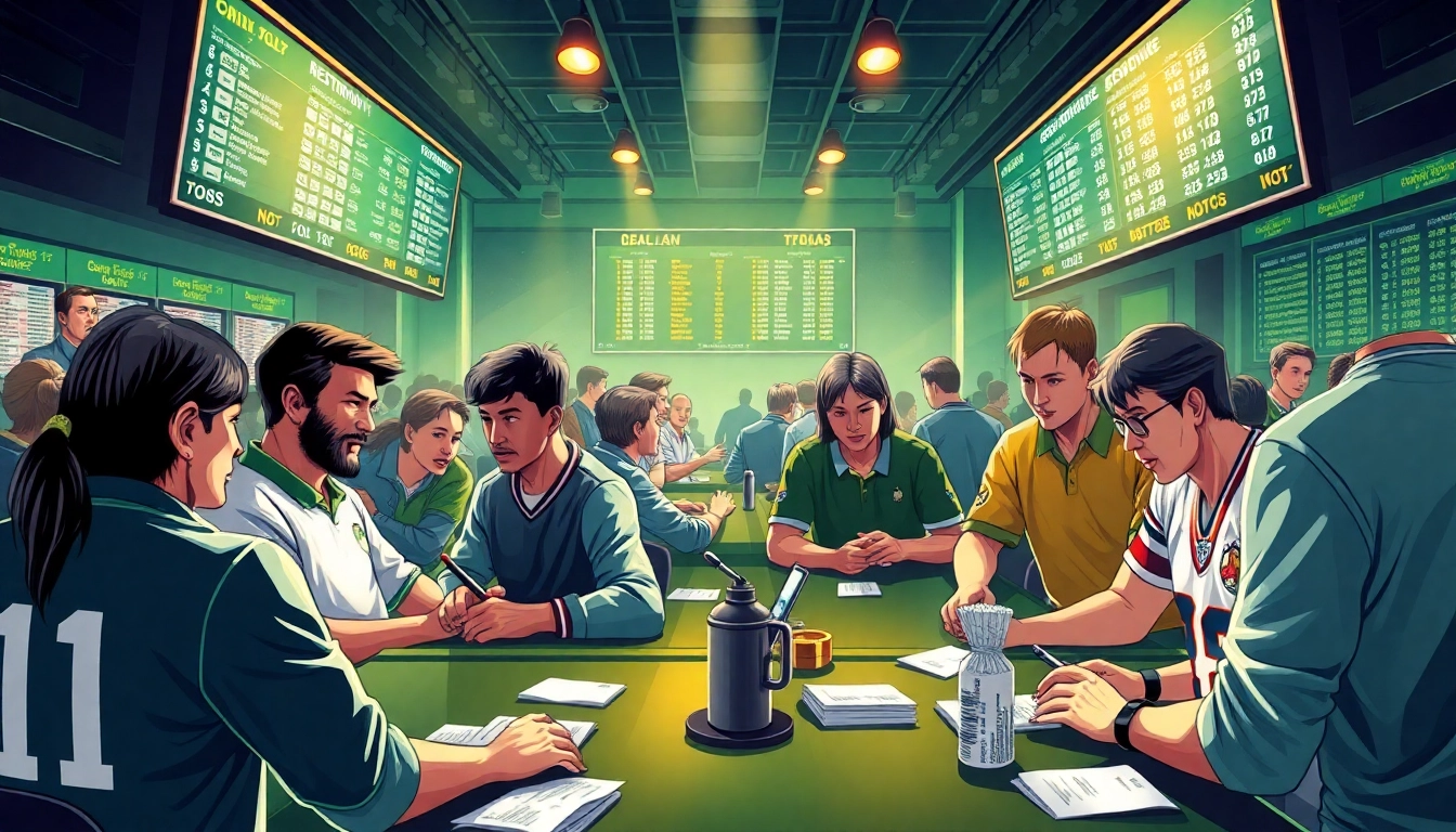 A dynamic sportsbook scene featuring kèo nhà cái 5, showing bettors excitedly discussing odds and strategies.