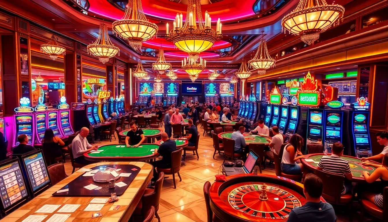 A lively casino scene showcasing players at tables and slot machines, with the URL https://bet888.solutions/ prominently featured to invite online gambling action.