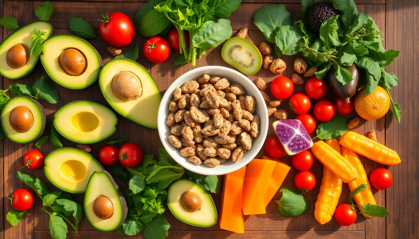 Assorted healthy food ingredients including fruits and vegetables on a wooden table.