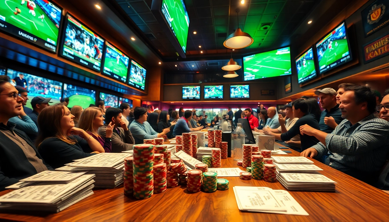 Fans enjoying a lively thabet sports betting experience in a modern lounge filled with screens.