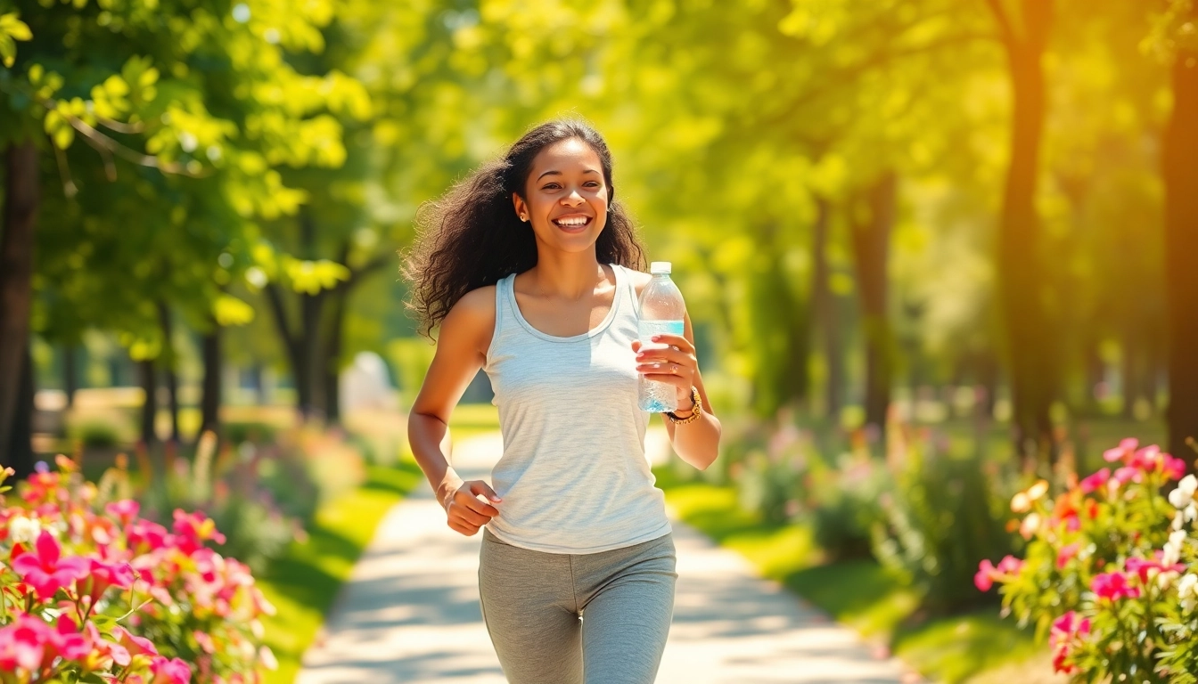Joyfully jogging person promoting Weight Loss through a healthy lifestyle amidst a vibrant park.
