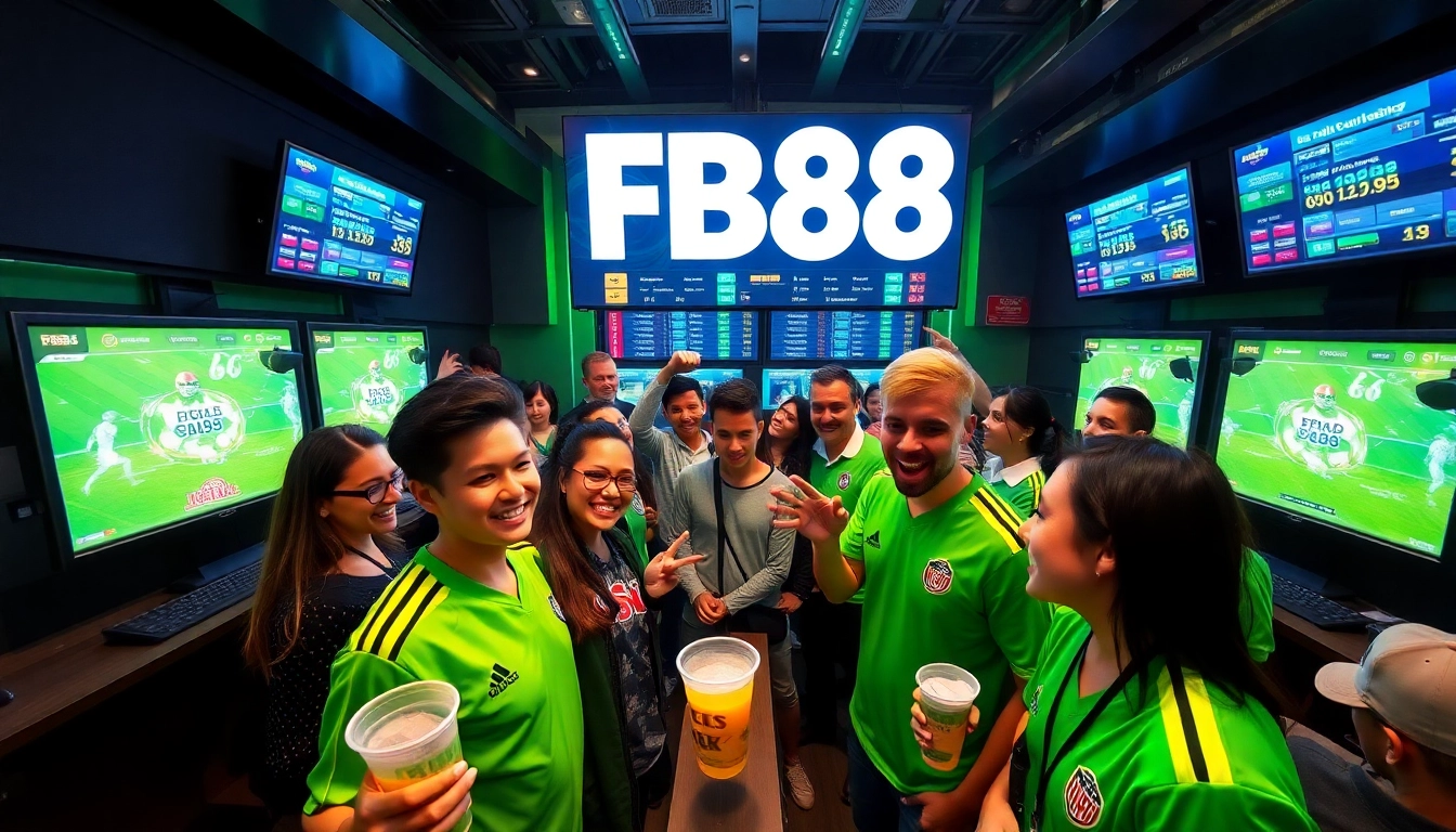 Experience the thrill of sports betting with FB88's engaging environment, showcasing diverse bettors enjoying the action.