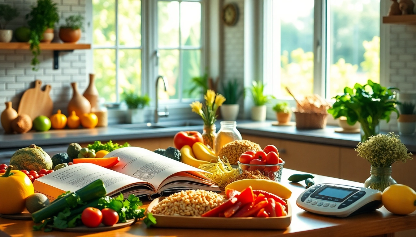 Weight Loss inspired kitchen scene with healthy foods, a cookbook, and a scale.