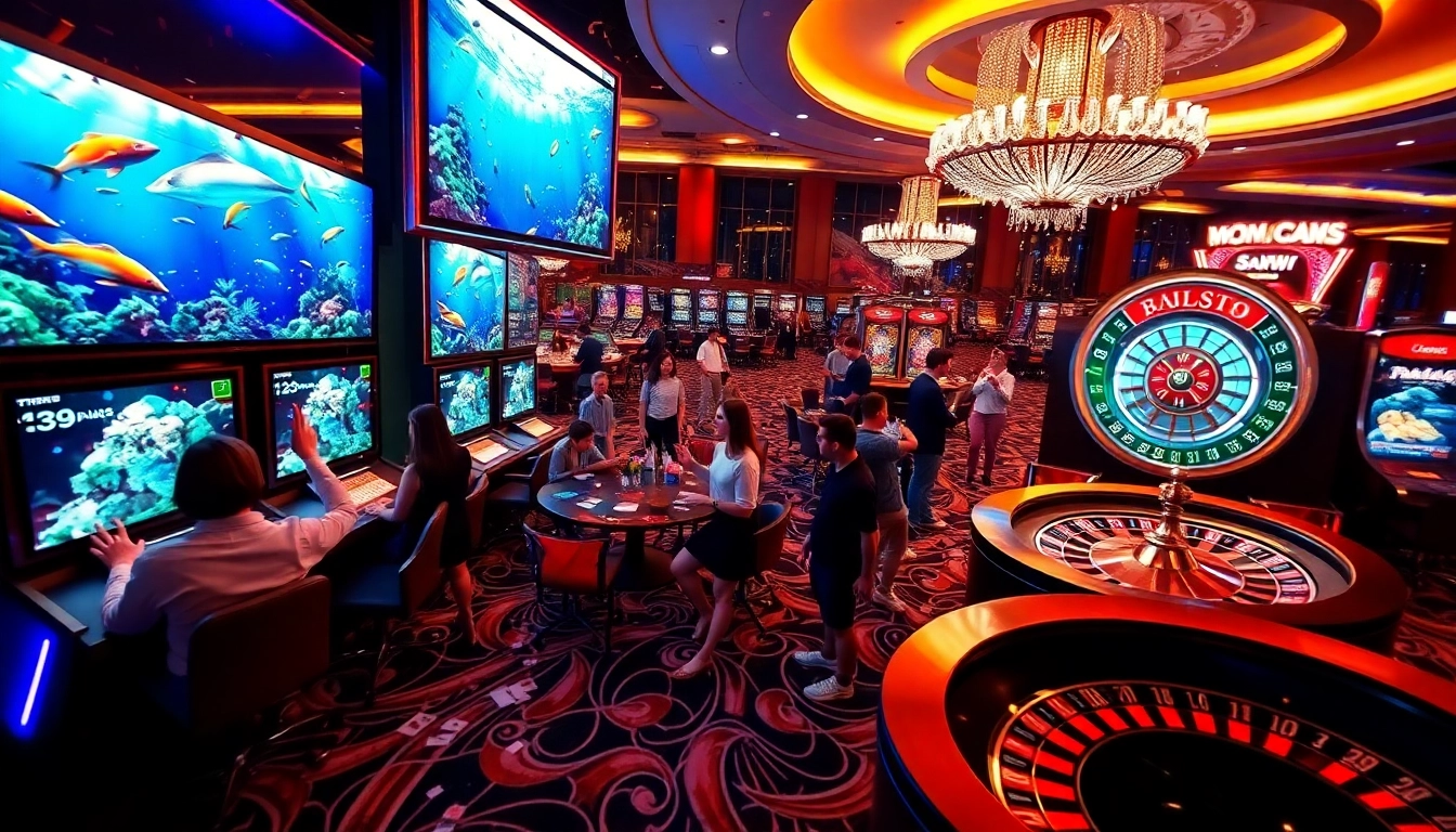 Players immersed in the thrilling world of bắn cá FB88, aiming for big wins in an exciting casino setting.