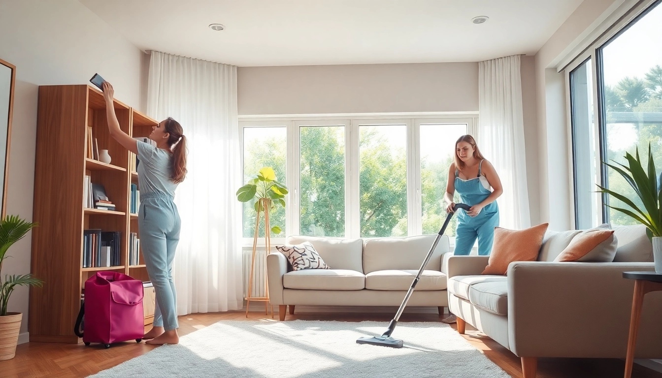 Professional cleaning services in action, showcasing diverse crew members tidying a bright living room.