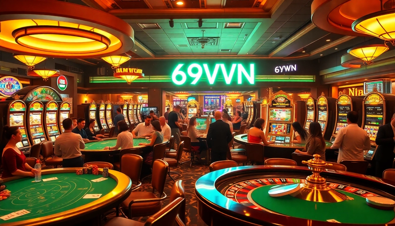 Players enjoying various casino games at 69VN, highlighted by vibrant slot machines and lively poker tables.