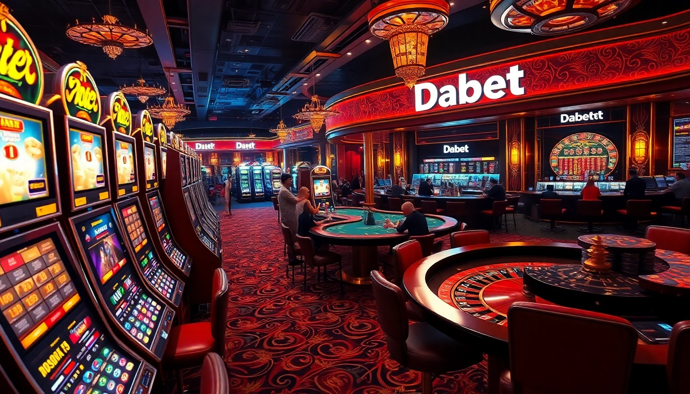 Dabet's vibrant casino atmosphere showcasing players at slot machines and a roulette wheel, emphasizing excitement.