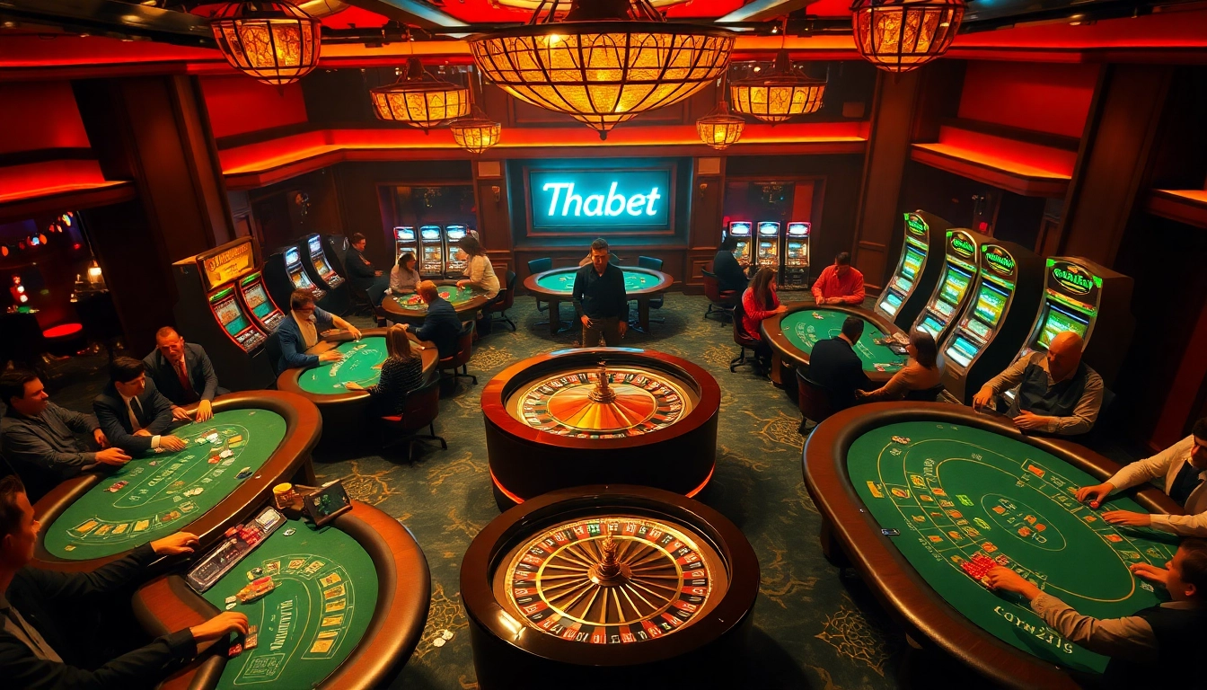 Thabet casino scene capturing players at blackjack tables, excitement soaring in the vibrant atmosphere.