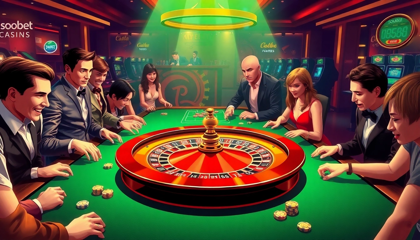 Players engaging in thrilling roulette action at a sbobet casino, surrounded by vibrant chips and illuminated tables.