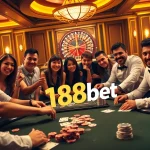 Players excitedly engage in a thrilling game of poker at 188bet’s luxurious casino, surrounded by vibrant casino elements.