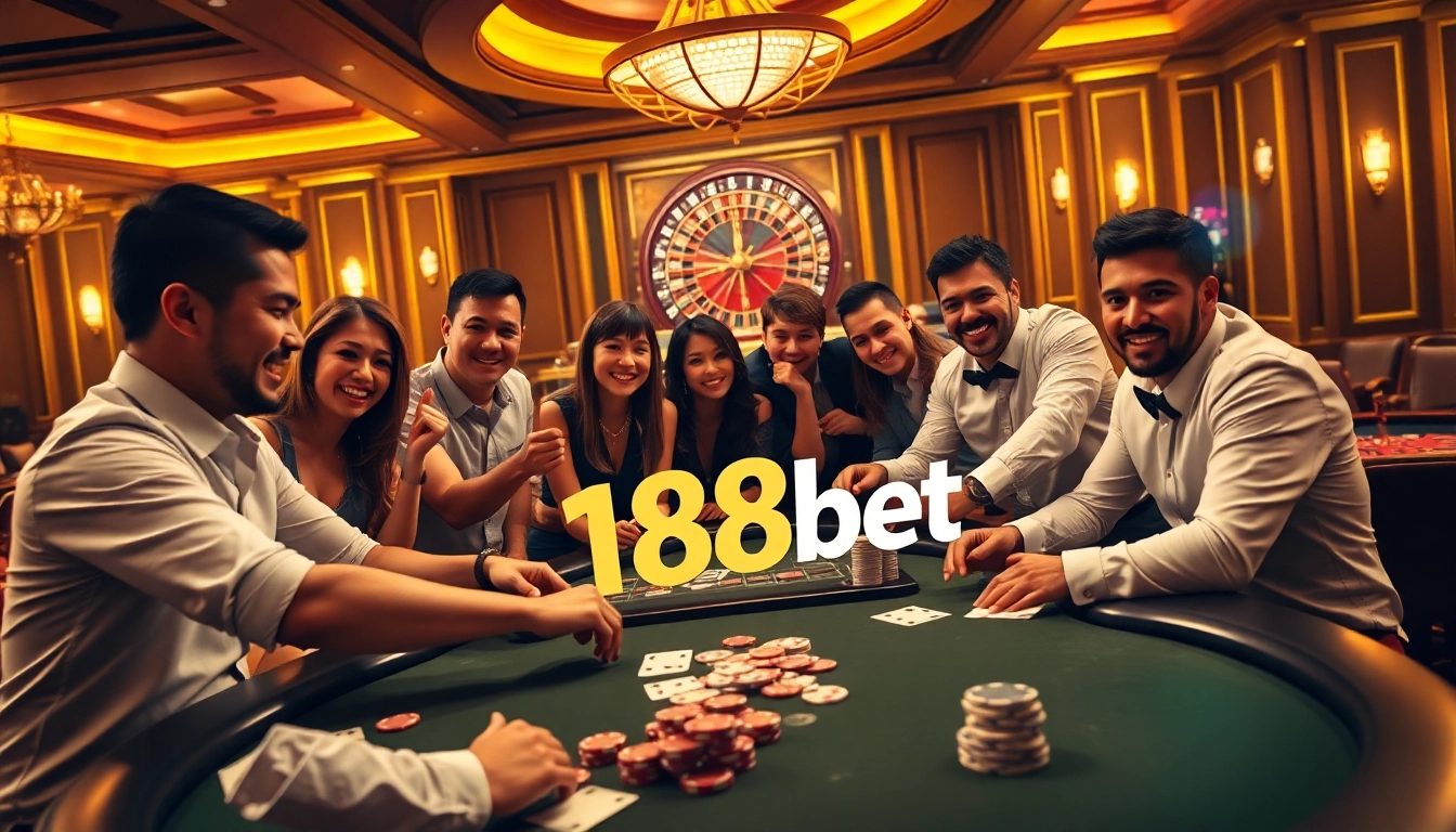Players excitedly engage in a thrilling game of poker at 188bet’s luxurious casino, surrounded by vibrant casino elements.
