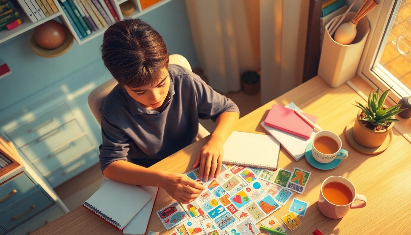 Arrange colorful affordable postage stamps in a cozy home office setup.