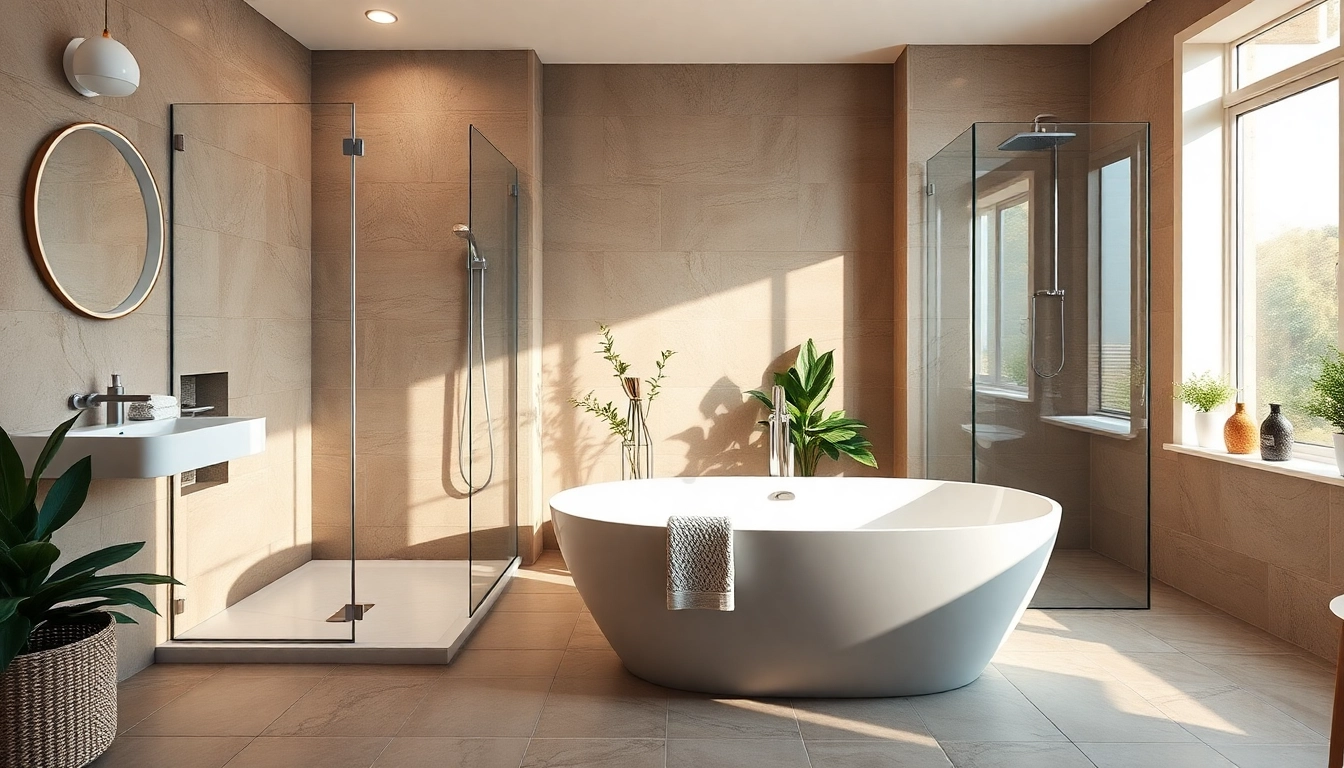 Bathroom fitters showcasing a contemporary, elegantly remodeled bathroom with a freestanding tub and modern fixtures.
