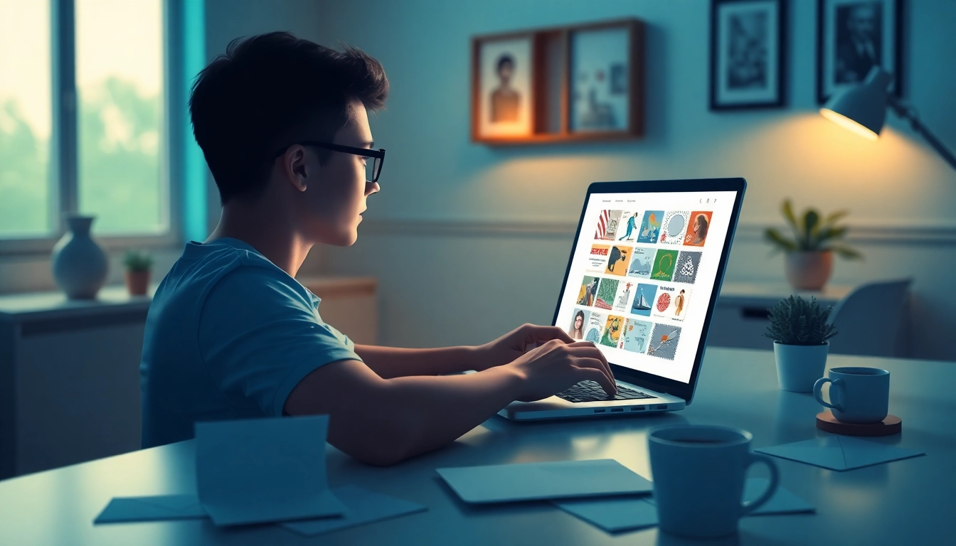 Buy stamps online effortlessly, showcasing a warm and inviting workspace with a person buying stamps.