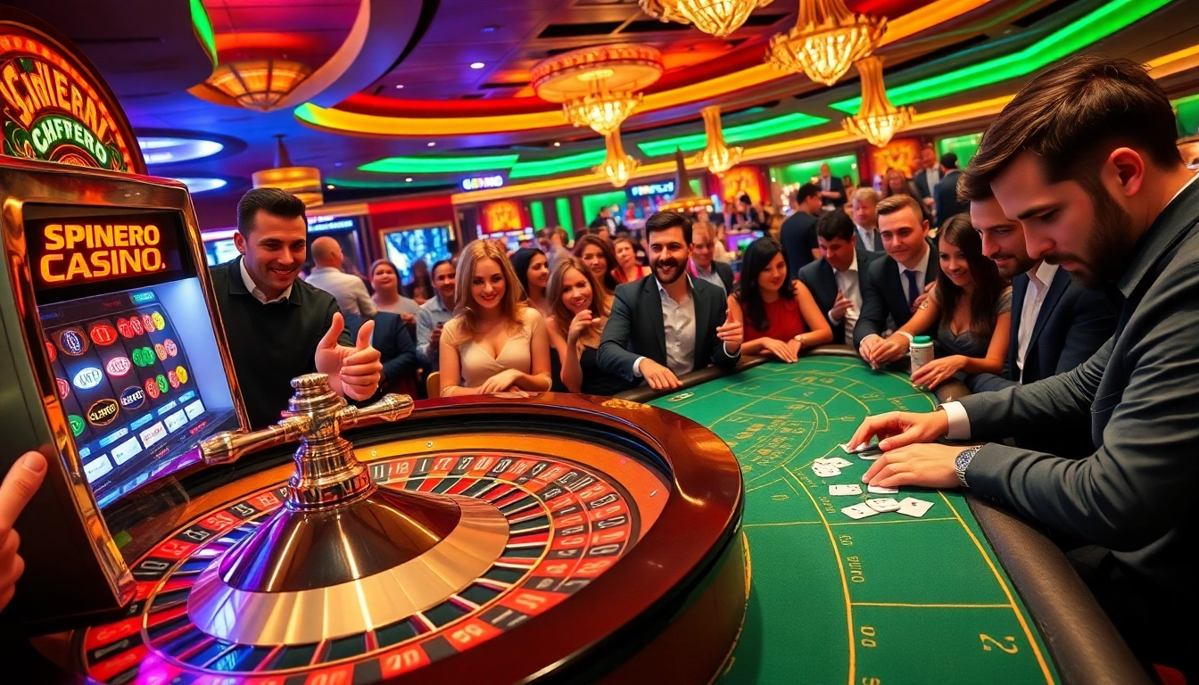 Experience the thrill of Spinero Casino with players enjoying poker and roulette games.
