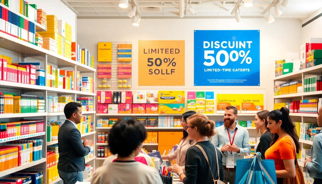 Discover quality discount office supplies on colorful shelves in a bustling store.