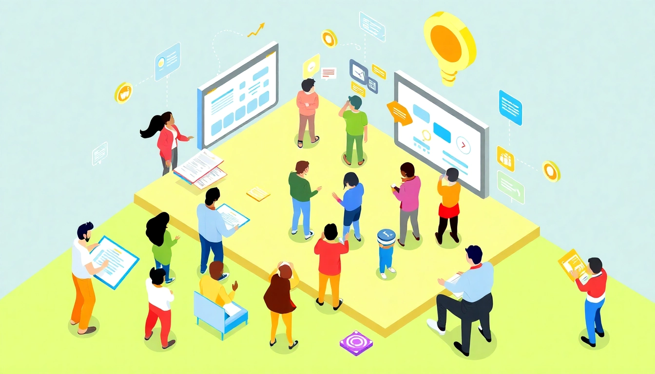 Engaging gamification services showcased through a diverse group interacting with game mechanics.