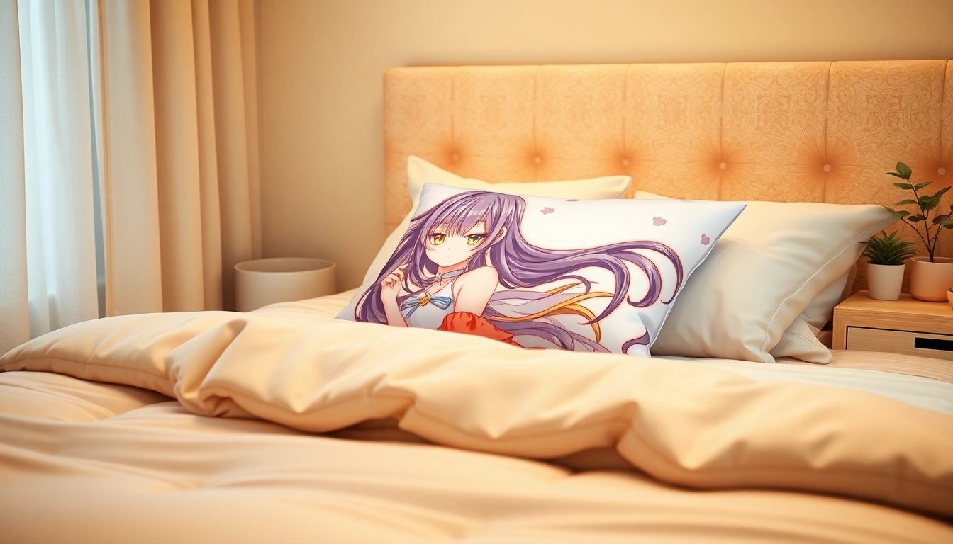 The dakimakura pillow showcases vibrant anime art, adding comfort and style to a cozy bedroom setting.