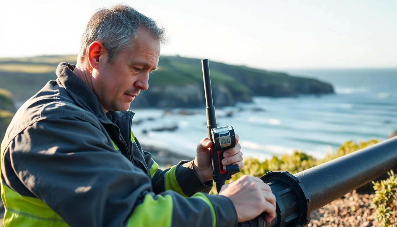 Technician performing leak detection Cornwall in a scenic coastal landscape, showcasing expertise and advanced technology.