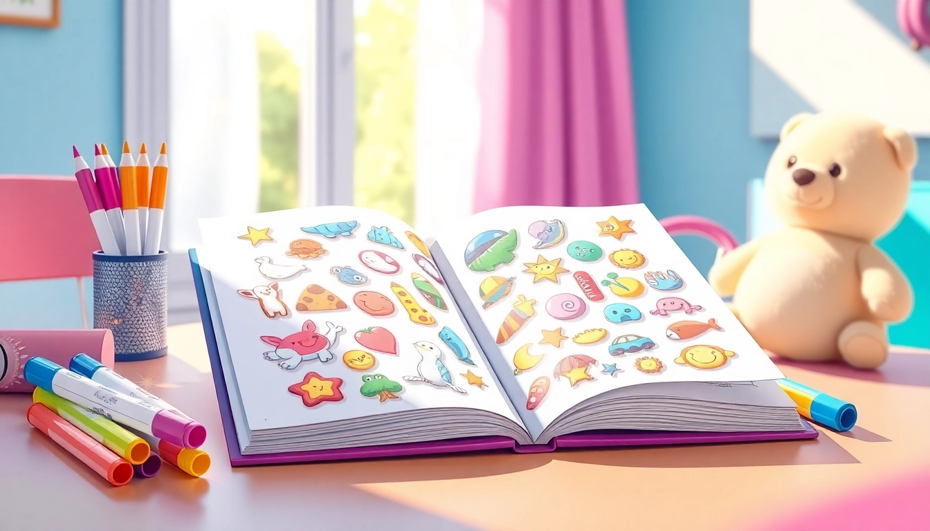 A child enjoying a reusable sticker book with colorful stickers spread across the pages, promoting creativity and fun.
