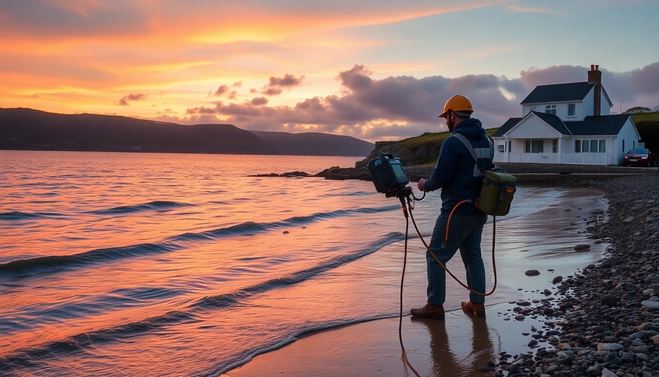 Technician using advanced equipment for leak detection Cornwall at a seaside home, showcasing professionalism.