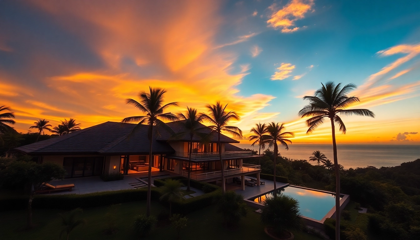 Showcasing a stunning villa for property management in Phuket with warm sunset lighting and palm trees, inviting guests.