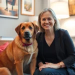 Therapist and therapy dog supporting clients as a Sydney psychologist in a welcoming environment.