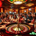 KJC AC 3 casino patrons engaging at a roulette table with vibrant chips and excitement, showcasing the thrill of gambling.