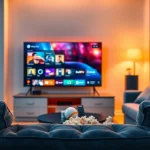 Watch the vibrant interface of iron tv pro on a modern TV in a cozy living room.